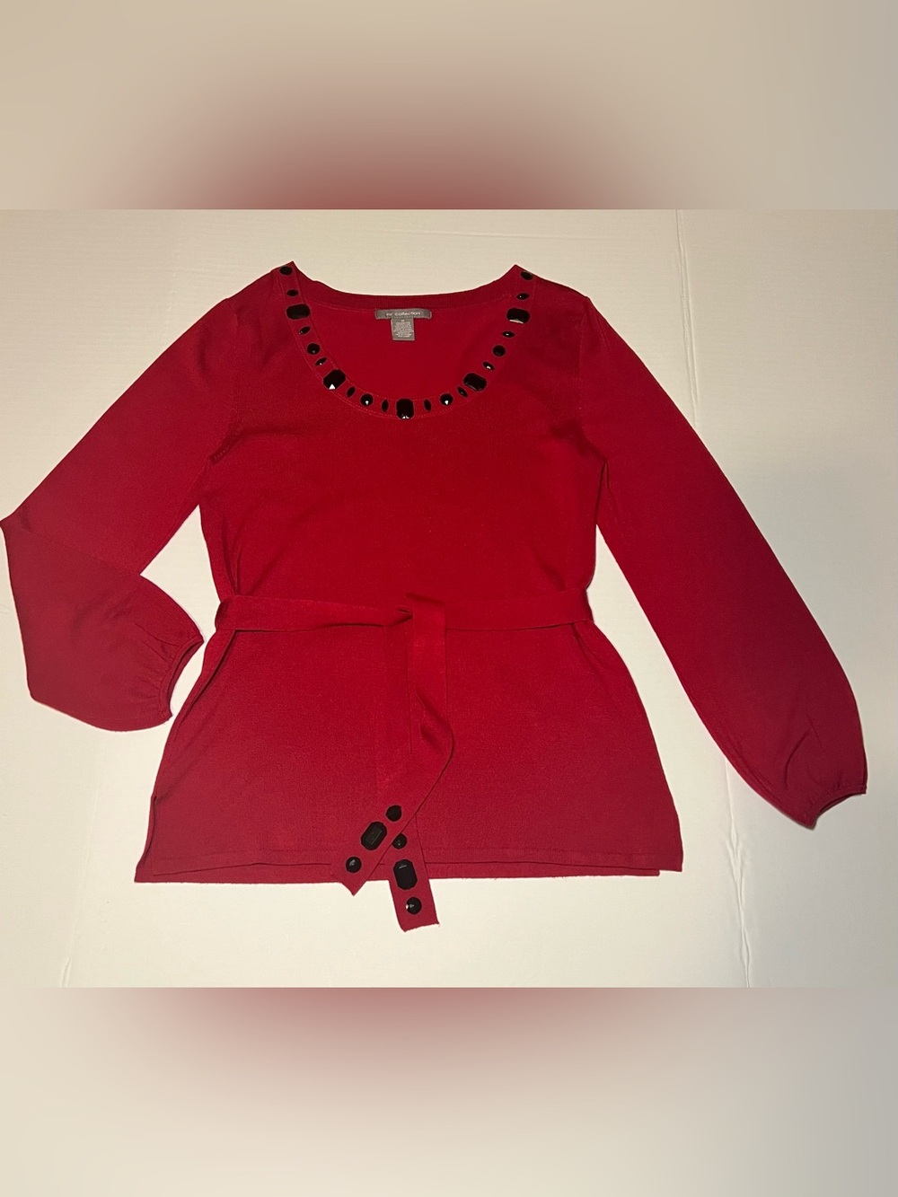 NY Collection Red Jeweled Scoop-Neck Belted Knit Top